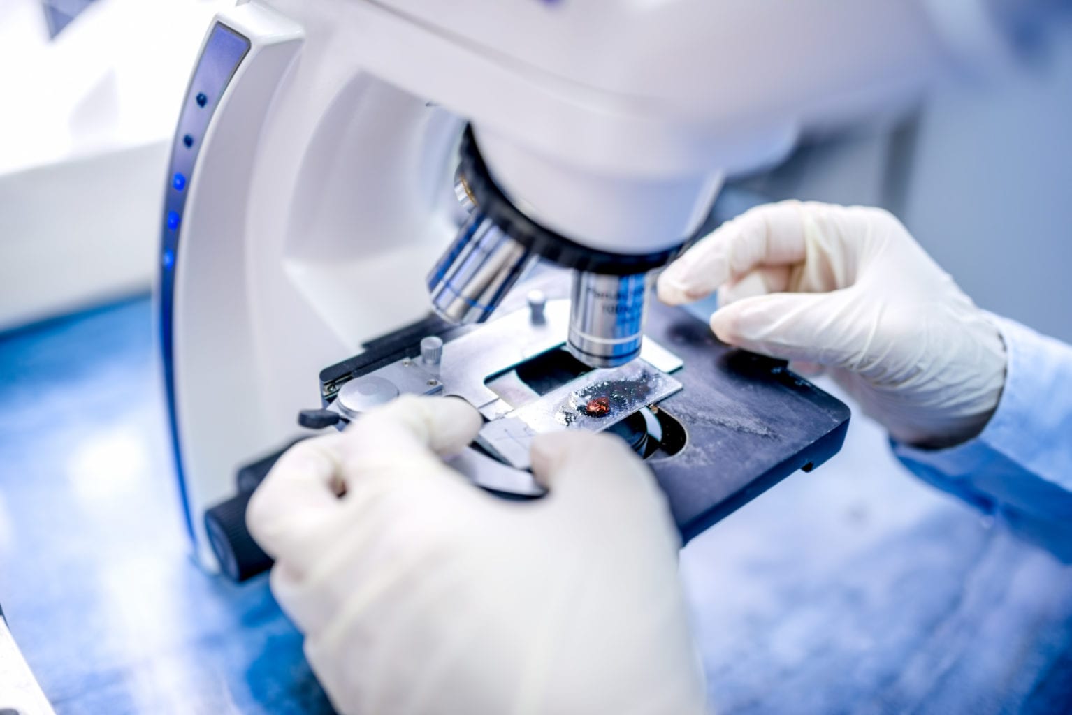 close-up of scientist hands with microscope, examining samples and liquid close up of microscope and sample